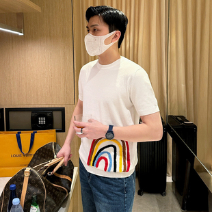 休闲白色圆领上衣修身 个性 植绒条纹t恤男 男 针织短袖 新款 夏季 时尚