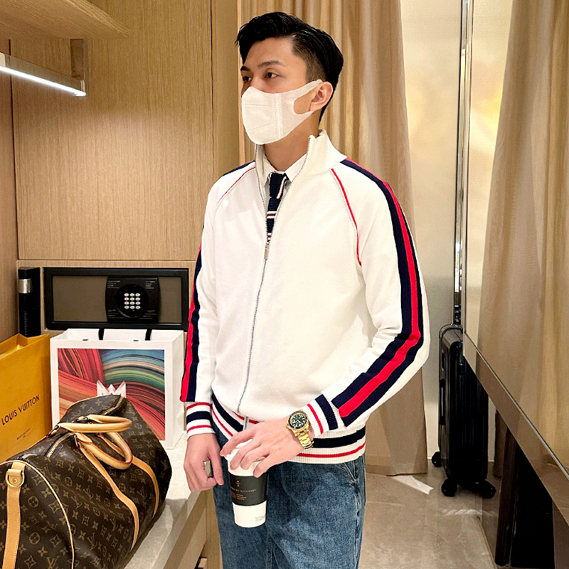 开衫针织半高领撞色条纹毛衣轻奢