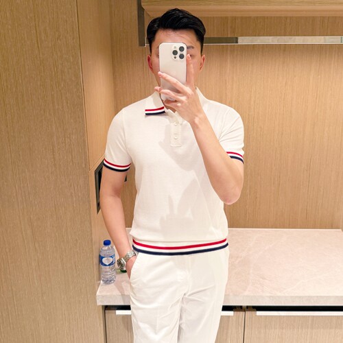 夏季短袖短袖商务拼色螺纹polo衫
