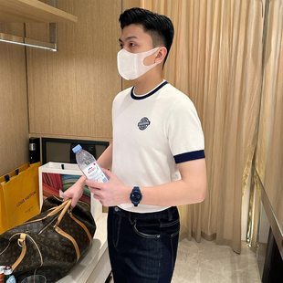 高级白色休闲男士 夏季 新款 t恤 短袖 修身 轻奢刺绣衣服男款 针织上衣