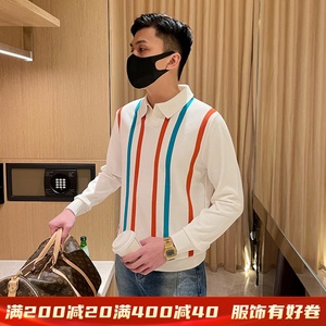 轻熟风雅痞男装秋款上衣翻领针织衫时尚简约拼色条纹polo衫男长袖