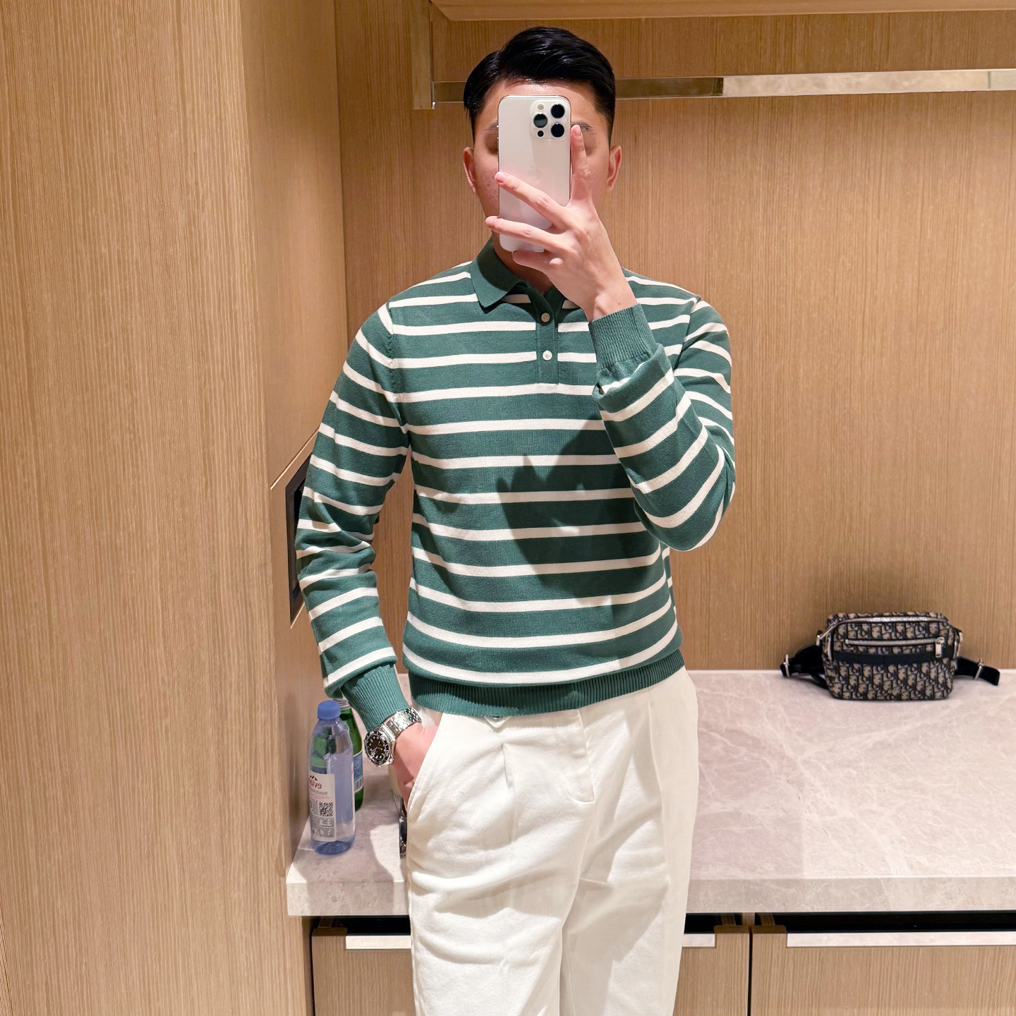 秋冬新款高级绿修身翻领针织上衣休闲商务拼色条纹男士长袖polo衫,男装,Polo衫,淘宝优惠券,粉丝福利购,淘宝优惠卷