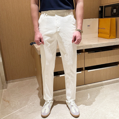 夏季休闲简约棉质直筒白色裤子男