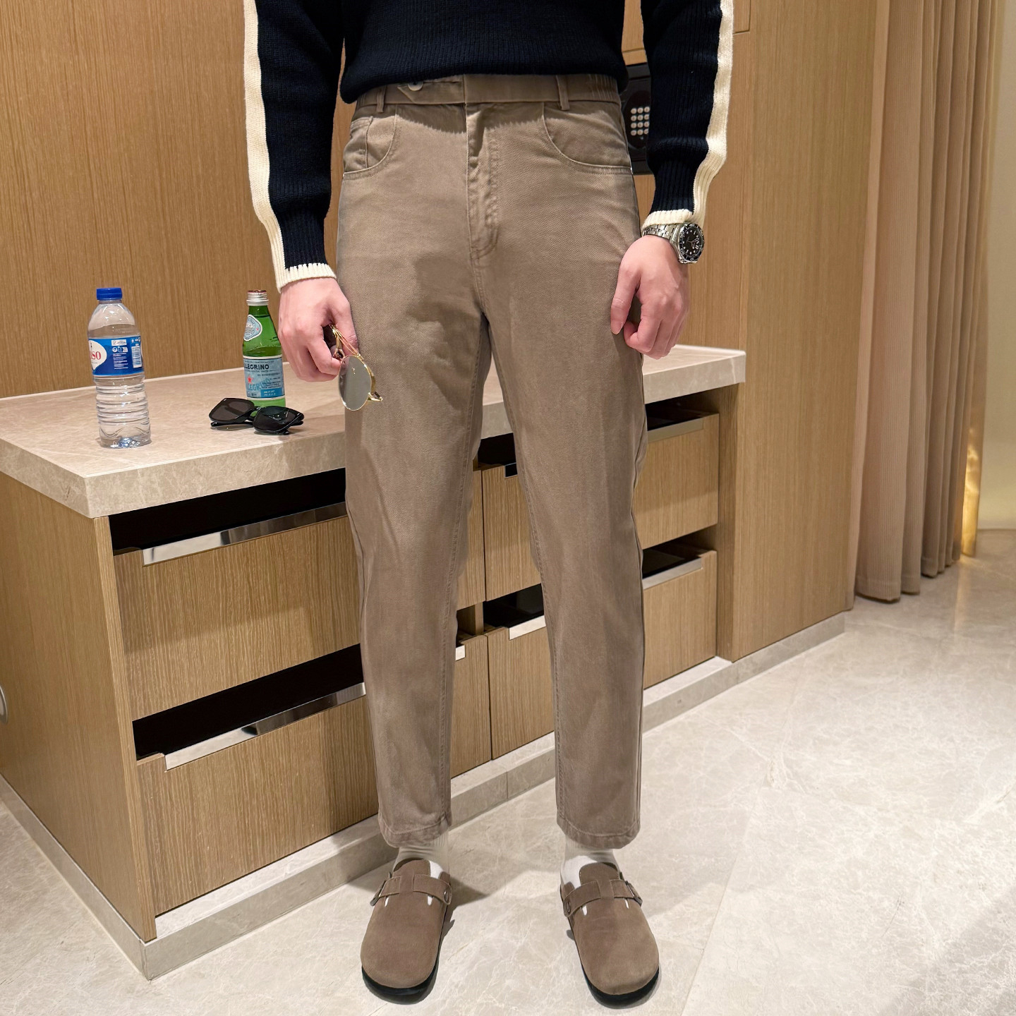 英伦风复古水洗做旧裤子男秋冬新款高级纯棉直筒九分裤男士休闲裤