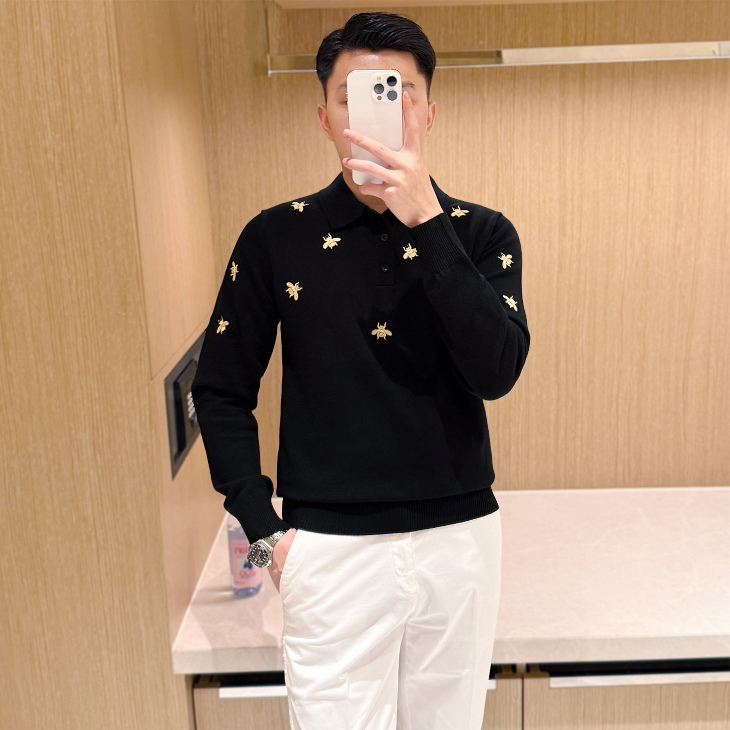 yomobrother轻奢男装翻领针织衫 秋冬潮流小蜜蜂刺绣黑色polo衫男