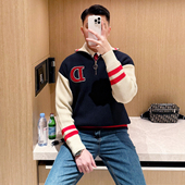 法式 加厚保暖 休闲拉链翻领毛衣男冬季 奢华时尚 植绒高级拼色针织衫