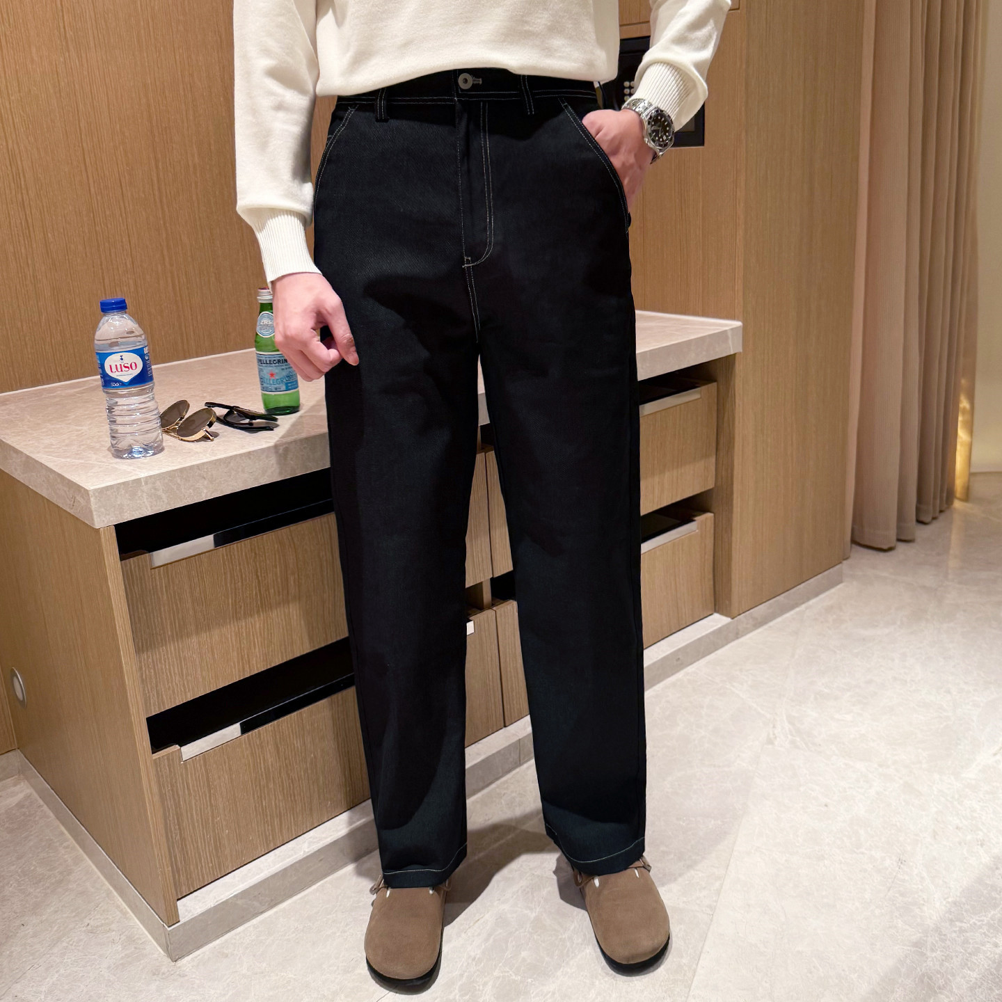 秋冬新款时尚高级感缉明线裤子直筒宽松复古水洗仿牛仔休闲长裤男,男装,休闲裤,淘宝优惠券,粉丝福利购,淘宝优惠卷