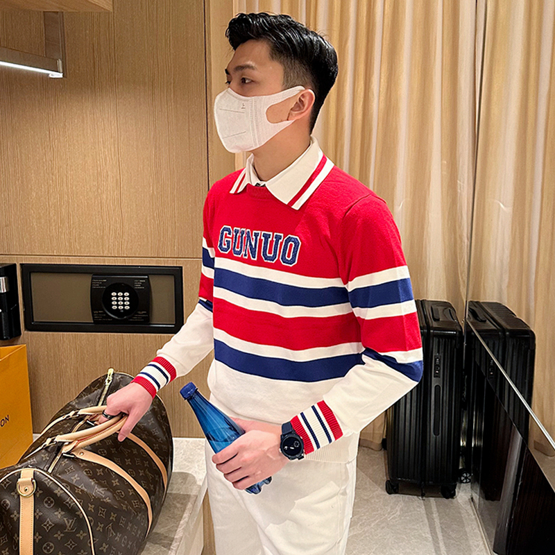 套头针织衫翻领字母植绒毛衣高级