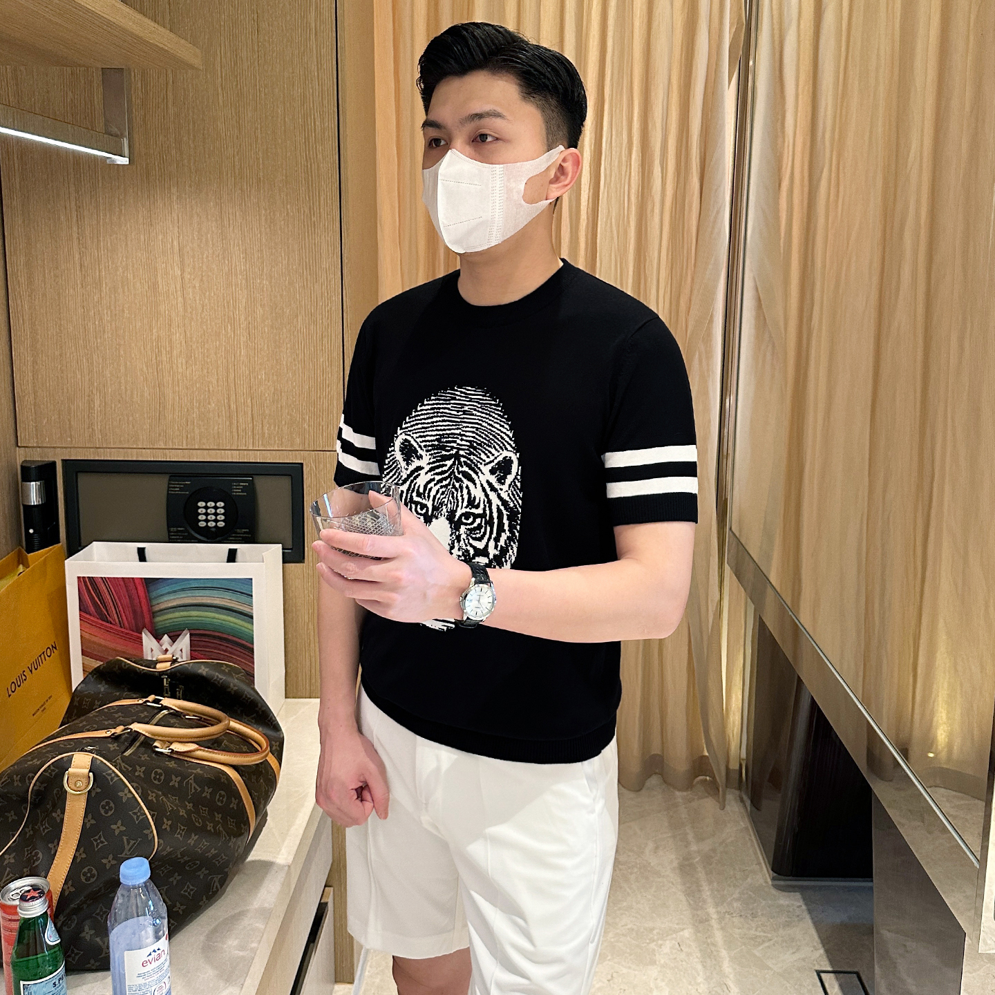 夏休闲拼色虎头图案提花短袖t恤