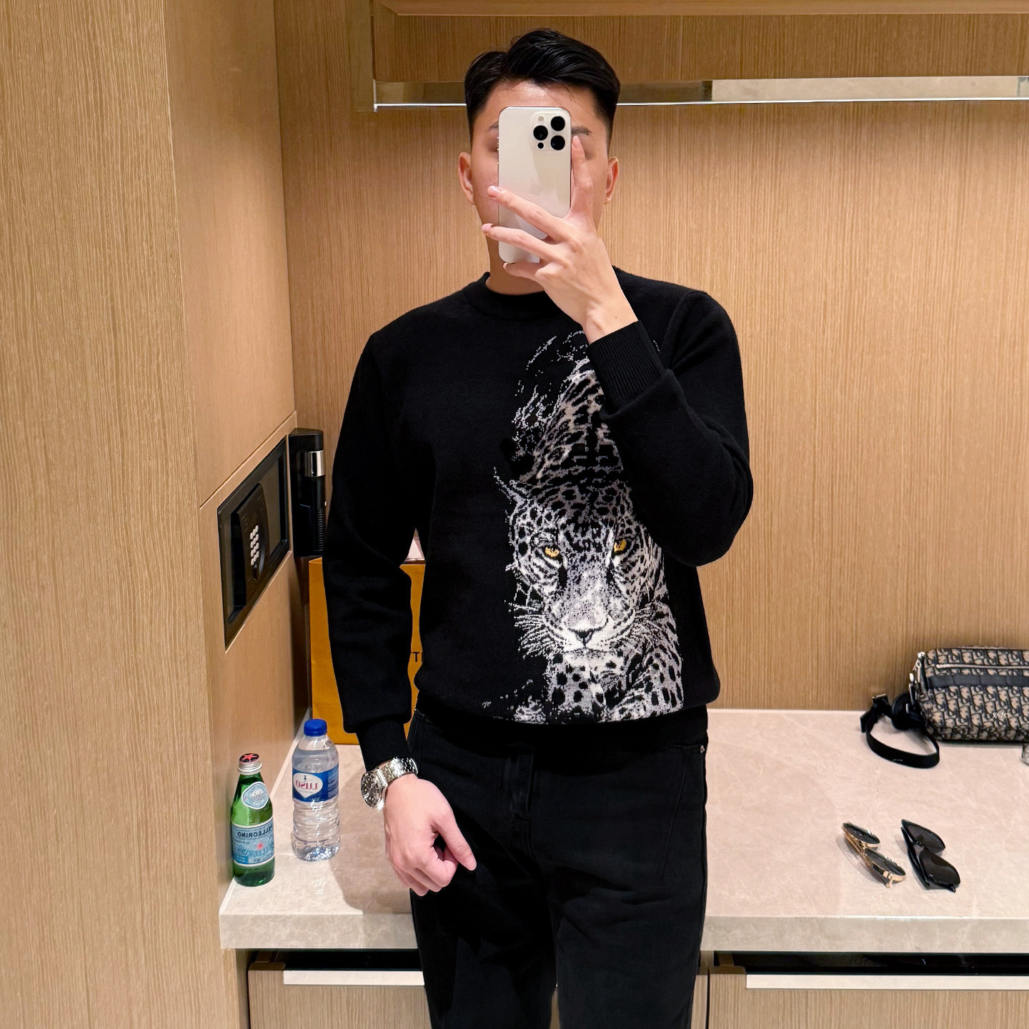 yomobrother时尚高级黑色针织衫男款 潮流猎豹提花修身毛衣冬季男,男装,针织衫/毛衣,淘宝优惠券,粉丝福利购,淘宝优惠卷