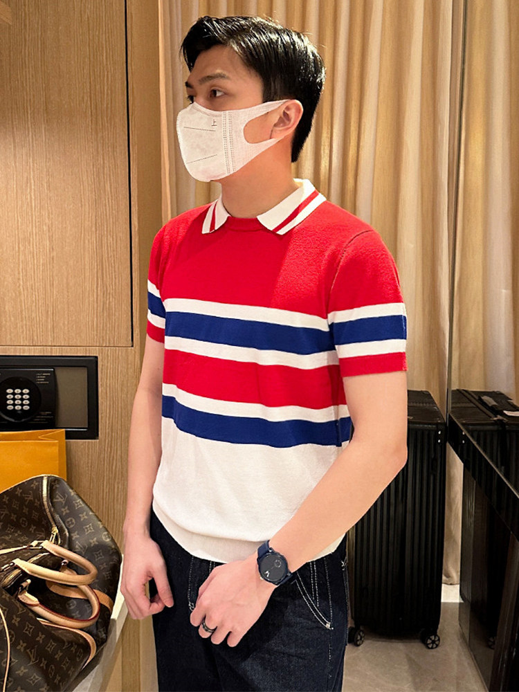 BRITISH COLLEGE STYLE WEAR SHORT SLEEVE MENS SUMMER POLO SHIRT FASHION CONTRAST THREAD COLLAR HIGH-END T-SHIRT MEN