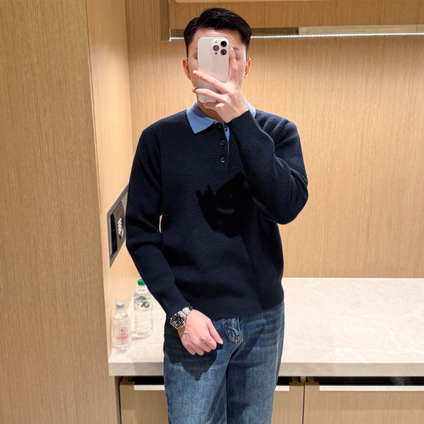 老钱风男装时尚高级拼色翻领毛衣男秋冬休闲深蓝色商务男士针织衫
