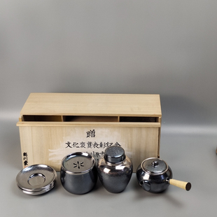 日本银川堂造黄铜银仕上日本铜横手急须茶壶日本铜茶筒茶叶罐