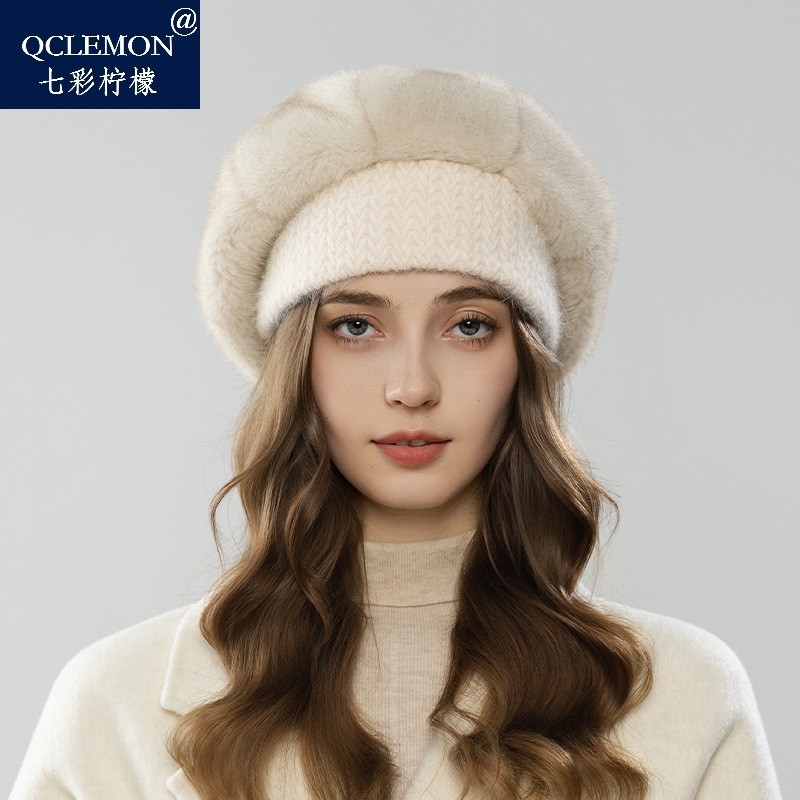 秋冬季新款女士针织拼接毛绒贝雷帽时尚保暖大头围防寒帽子