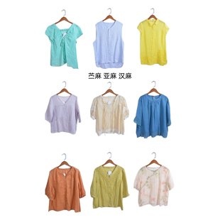 古着vintage复古春夏汉麻苎麻亚麻短袖衬衫上衣女装ML34