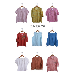 古着vintage复古春夏汉麻苎麻亚麻短袖衬衫上衣女装ML11