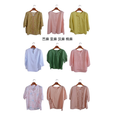 古着vintage复古春夏汉麻苎麻亚麻短袖衬衫上衣女装D1651