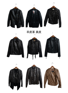 古着皮衣vintage斜拉机车短款修身夹克女士长袖绵羊皮y2k外套PY5