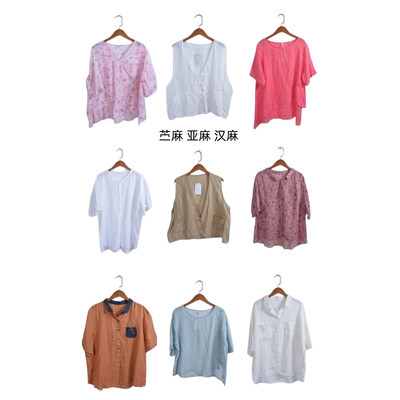 古着vintage复古春夏汉麻苎麻亚麻短袖衬衫上衣女装ML7