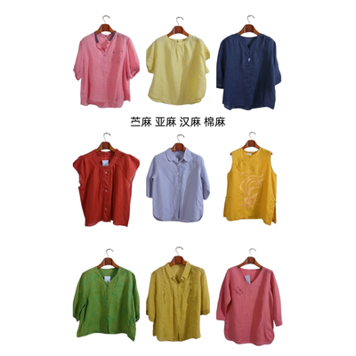 古着vintage复古春夏汉麻苎麻亚麻短袖衬衫上衣女装D1276