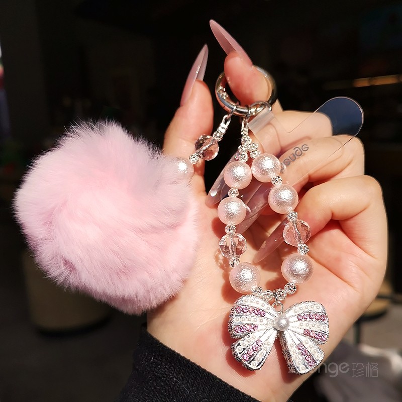 指环手机链挂件女士毛球串珠饰独特超好看轻奢小众精致高级感户外旅游行防丢摔手提链手机挂绳时尚小香风新品