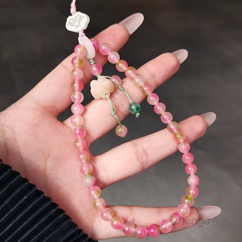 少女心桃花粉手机链挂件ins新中式国风串珠挂饰品小众精致高级感户外旅游行逛街便携防丢手提腕带壳手机挂绳