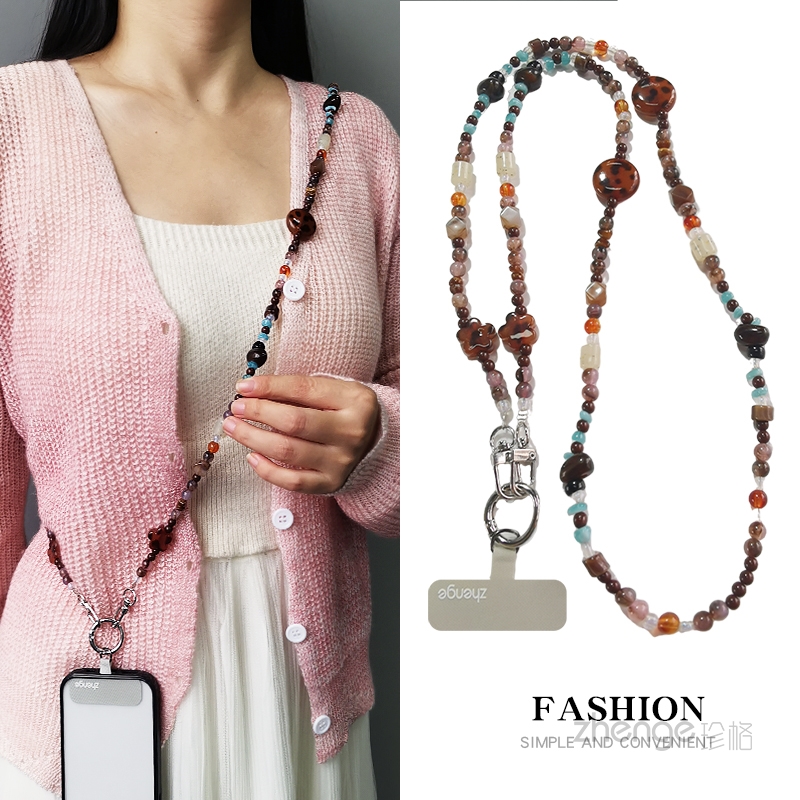 手机挂链女士斜挎小众高级感长款琥珀石水晶串珠饰户外旅游行逛街包包链绳套壳肩背带手机挂绳通用时尚新品