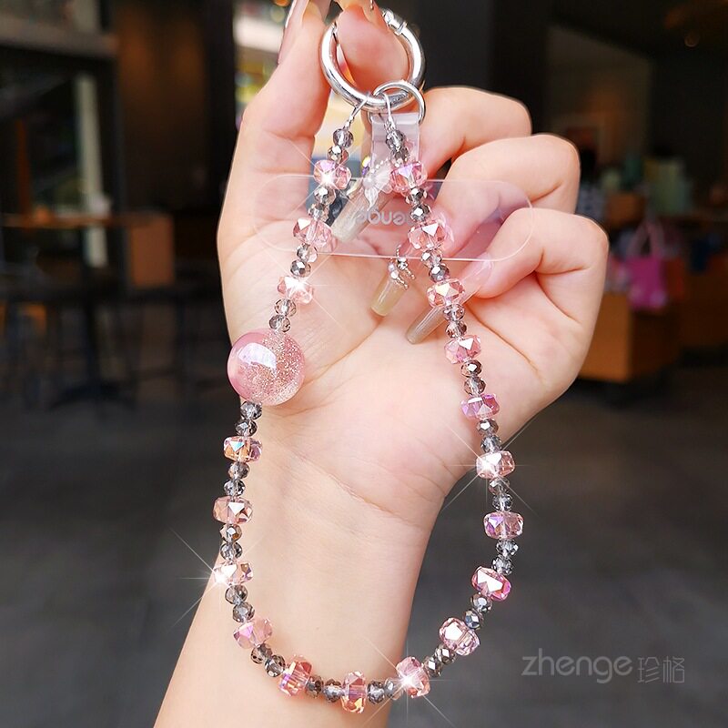 粉色星空水晶手机链挂绳女手腕款图片