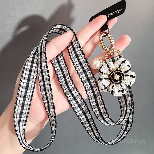 时尚小香风格子布花朵手机挂绳女