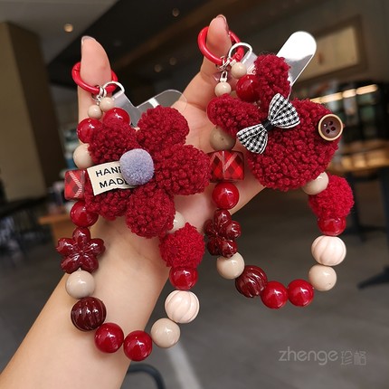 毛绒小兔花朵圆珠手机链挂绳ins时尚女士高级感手腕挂饰手机壳钥匙扣包挂件户外旅游逛街高端串珠手提链短款