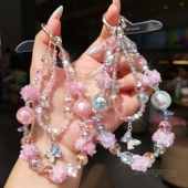 奢华水晶手机链玫瑰蝴蝶串珠挂件精致高级感饰品手腕短款 2025 户外旅游防丢手提链带子套壳手机挂绳超好看新品