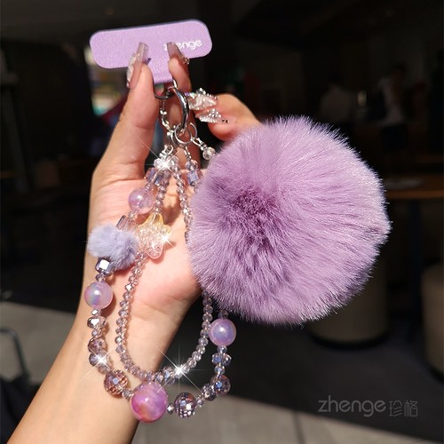 手机链毛球挂件水晶串珠饰手腕绳