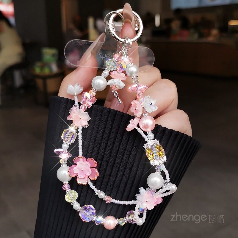 花朵水晶串珠手机链挂件ins精品手作小众高级感包挂钥匙相机链子户外旅游行防丢手提腕带壳手机挂绳女士新款