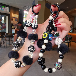 水钻毛球圆珠手机链挂绳ins时尚女士手腕挂饰手机壳包包ccd相机挂件链子户外旅游逛街串珠手提链手机壳通用