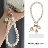 轻奢小香风手机挂链挂绳短款 蝴蝶花朵水晶珍珠吊坠手链女款 ins简约1时尚 夹片手机壳吊绳手工串珠手提手腕挂饰