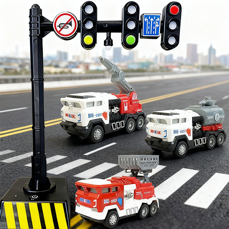 儿童合金消防车声光红绿灯路灯模型工程车挖掘机搅拌翻斗车玩具男