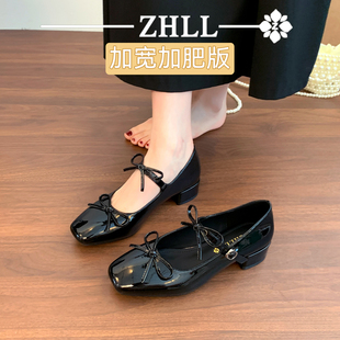 方头中跟浅口鞋 脚掌加宽大码 女新款 女鞋 41到43复古粗跟玛丽珍单鞋