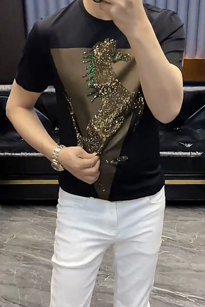 潮牌男士短袖潮男烫钻T恤