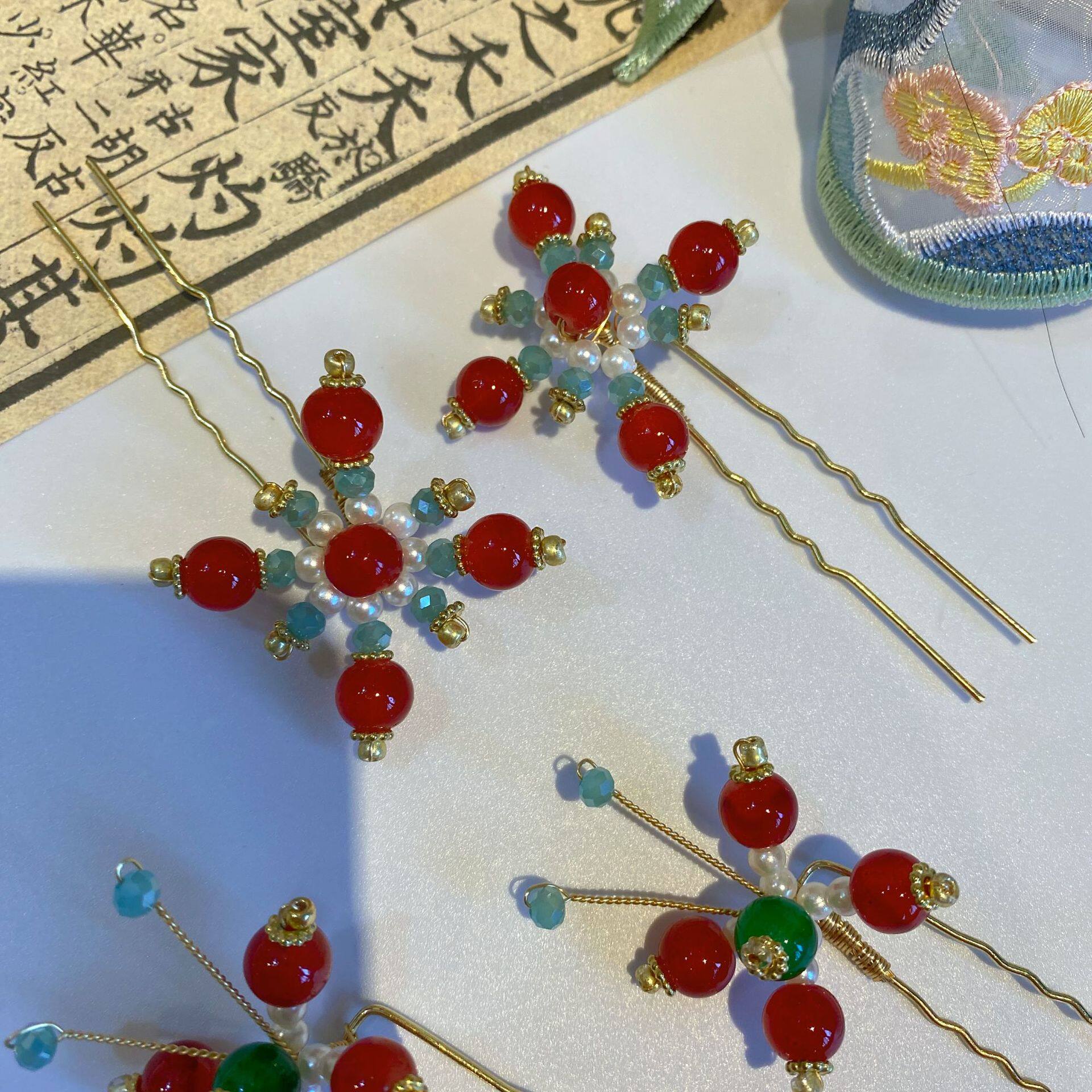 原创古风汉服头饰唐风明制点缀仿玛瑙小珠U型小发钗宋制百搭发饰