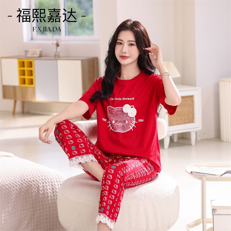 网红爆款招财猫卡通睡衣女纯棉印花短袖T恤长裤两件套大码家居服