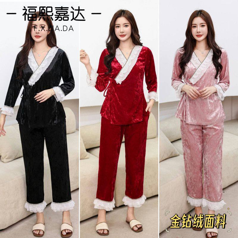 福熙嘉达轻奢法式花边钻石绒睡衣女秋冬新款宫廷甜美家居服套装