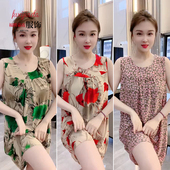 新款 大码 睡裙女冰丝薄款 弹力中长款 连衣裙 空调裙宽松透气无袖 夏季