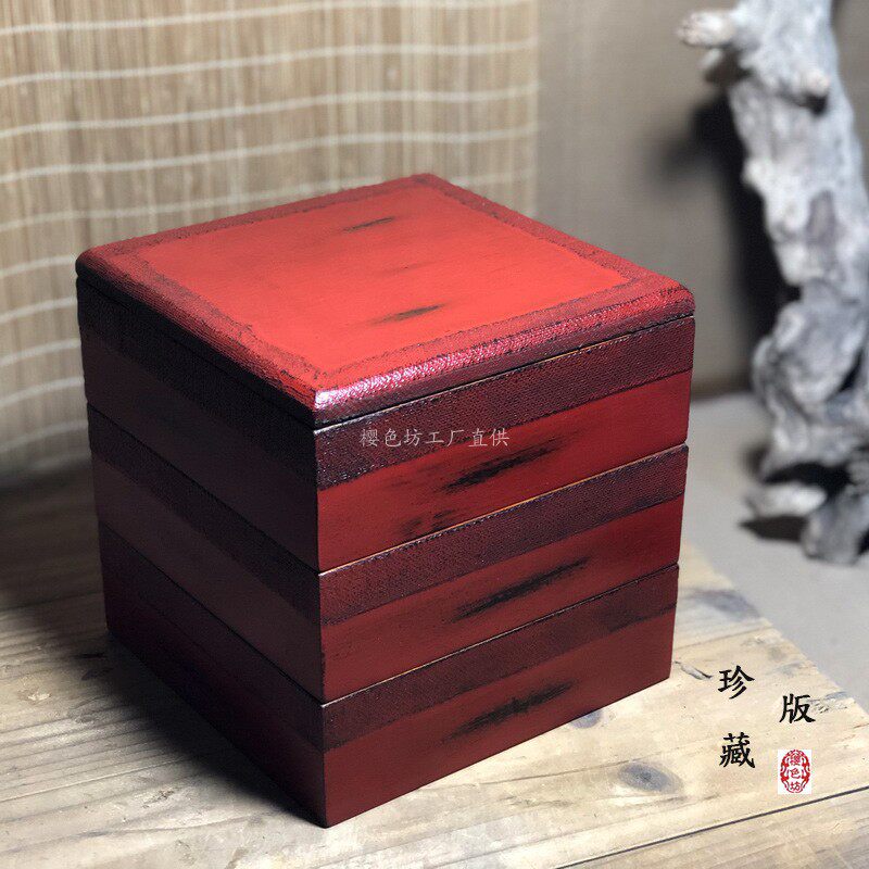 木制日式手工大漆贴布根来收纳盒
