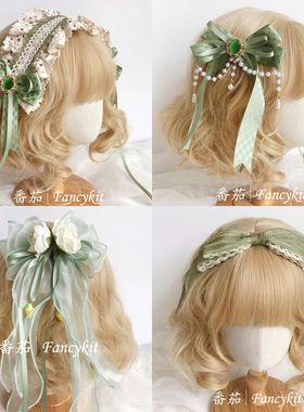 原创若草色花边蝴蝶结发饰边夹bbd洛丽塔头饰森系少女Lolita小物