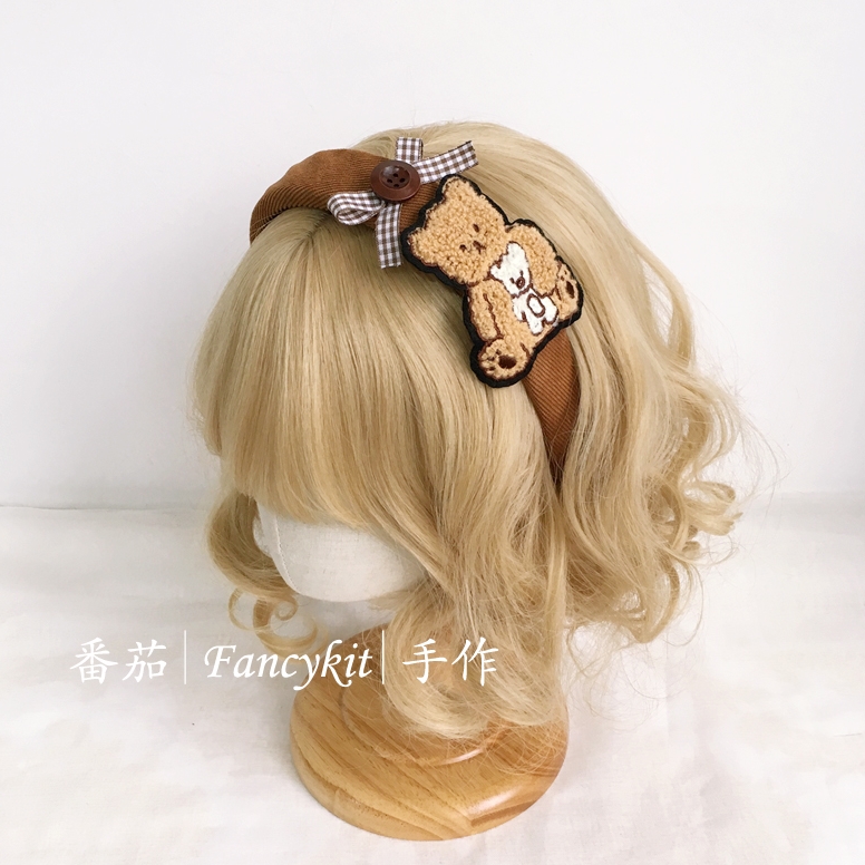 FanQ手作 手工灯芯绒小熊发箍头箍 春秋棕色驼色日韩日系头饰