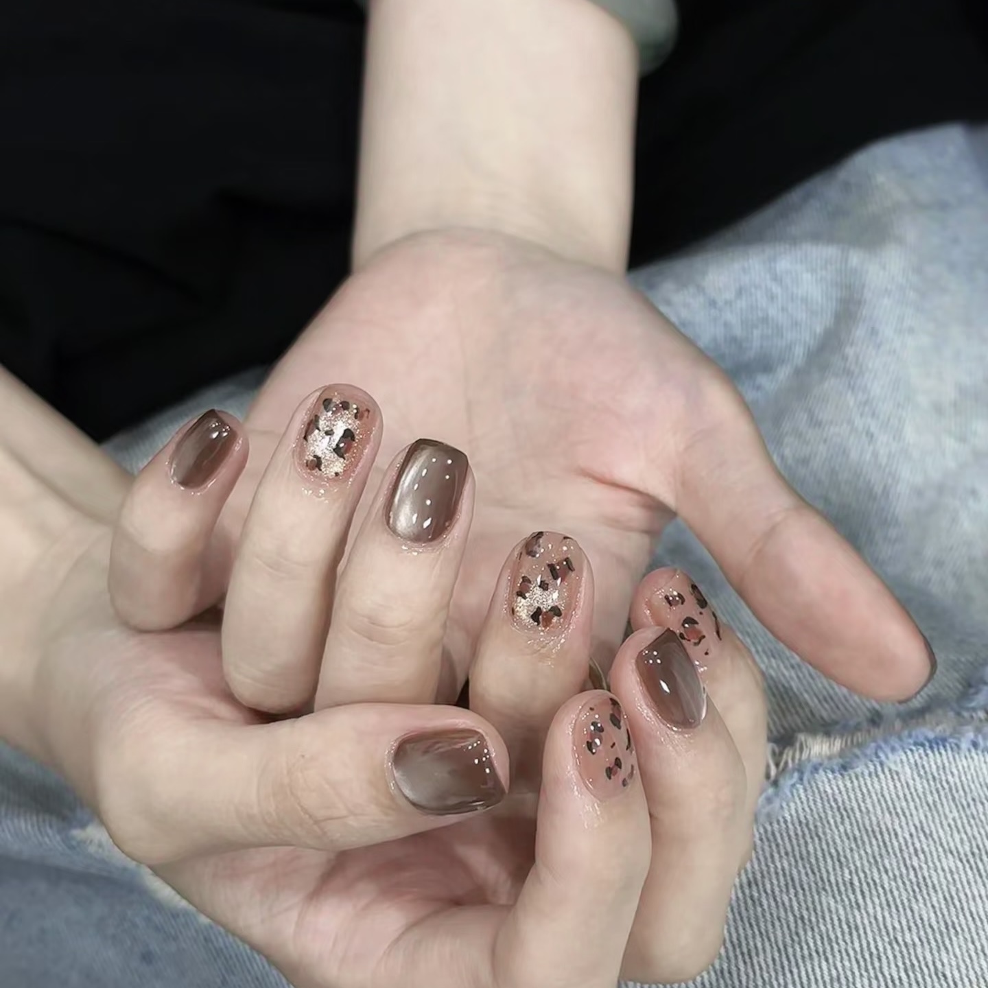 焦糖棕豹纹猫眼短款手工穿戴甲