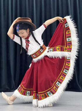 新款儿童藏族舞蹈演出服练习裙藏族舞次仁拉索女童考级舞蹈大摆裙