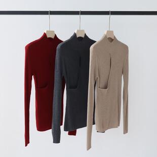 入秋高级感穿搭设计感镂空羊毛混纺针织衫半高领内搭打底衫毛衣女