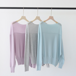 新款 莱赛尔天丝春季 长袖 拼接针织衫 早春气质上衣 穿搭高级感蝙蝠袖