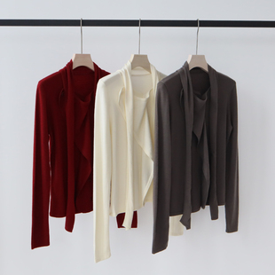 设计感围巾领飘带羊毛混纺针织衫女开衫秋冬新款上衣气质百搭外套